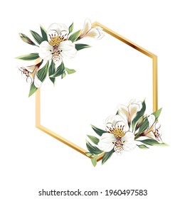 
Vector wreath of white lilies. Template for greeting card, invitation. Diamond-shaped gold frame with lilies and leaves isolated on white background.