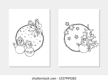 vector wreath winter snowman spruce sweet cane coloring book outline illustration