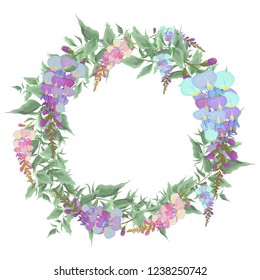 Vector wreath of Wisteria flowers. All elements are isolated