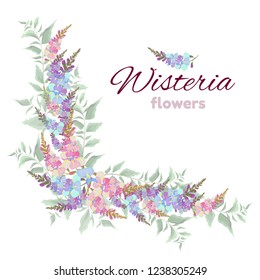 Vector wreath of Wisteria flowers and green leaves. All elements are isolated.