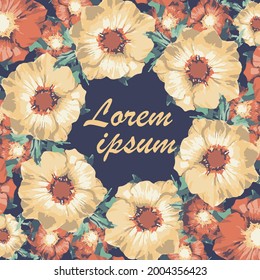 Vector wreath. Yellow and red flowers on a blue background. Spring border with flowers and text in the middle