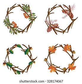 Vector wreaths of autumn elements. Beautiful round wreaths of yellow and red leaves, acorns, berries, cones and branches. Decor for invitations, greeting cards, posters.