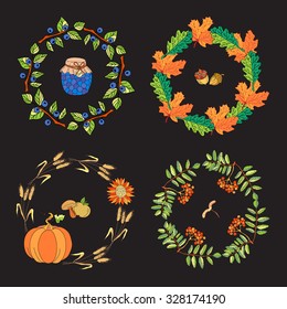 Vector wreaths of autumn elements. Beautiful round wreaths of yellow and red leaves, acorns, berries, cones and branches. Decor for invitations, greeting cards, posters.