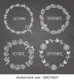 Vector wreaths of autumn elements. Beautiful round wreaths of yellow and red leaves, acorns, berries, cones and branches. Decor for invitations, greeting cards, posters.
