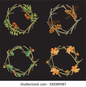Vector wreaths of autumn elements. Beautiful round wreaths of yellow and red leaves, acorns, berries, cones and branches. Decor for invitations, greeting cards, posters.