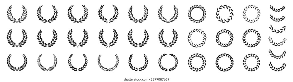 Vector wreaths collection. Chaplet emblems. Laurel wreath vector icon set. Wreaths and branches with leaves.