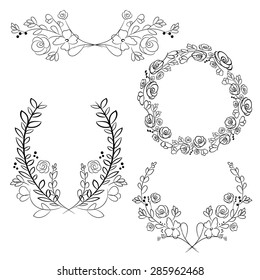 Vector wreaths and laurel wreaths. Round flower vector frames. Hand drawn design elements set.