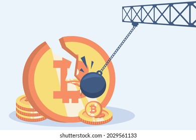 Vektor, wrackende Ball Schlag Bitcoin . Bitcoin-Logo, Bitcoin-Kryptowährung sinkt. 