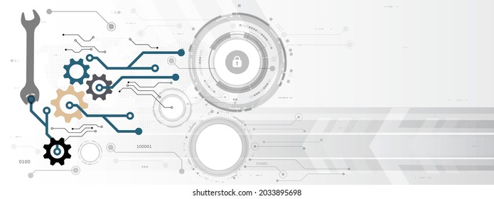 Vector wrench with cogwheel and circuit board on the map world with a password to log system for cyber security technology background