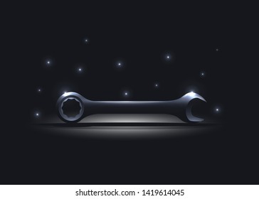 Vector wrench instrument silhouette illustration for you fix service center advertising. Wrench silhouette on dark background.