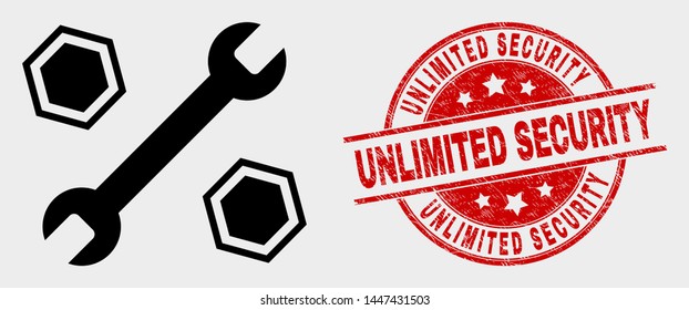 Vector wrench and nuts icon and Unlimited Security seal stamp. Red rounded textured stamp with Unlimited Security caption. Vector combination for wrench and nuts in flat style.
