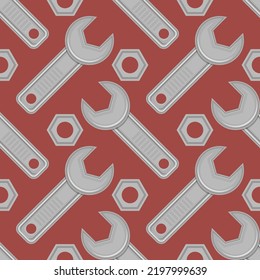 Vector Wrench Screw Icon Isolated on Red Background. Industrial Concept. Seamless Pattern.