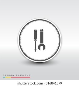 Vector wrench and screwdriver icon. Flat design style. Emblem or label with shadow.
