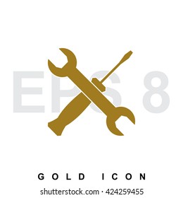 Vector wrench and screwdriver icon or logo isolated. Gold illustration in flat style.  Trendy abstract emblem or symbol for business, internet. Web design element or template