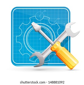 Vector wrench and screwdriver on blueprint square icon