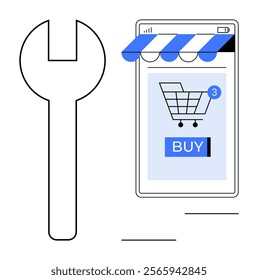 Vector wrench and smartphone with a shopping cart. Ideal for e-commerce, digital retail, online shopping tools, app development, and tech support. Simple lines, modern style