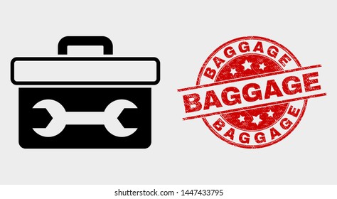 Vector wrench toolbox pictogram and Baggage watermark. Red rounded grunge watermark with Baggage text. Vector composition for wrench toolbox in flat style. Black isolated wrench toolbox pictogram.