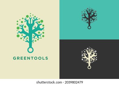 VECTOR WRENCH TREE. LOGOTYPE PICTOGRAM TREE FROM WRENCH, ENGINEERING. REPARATION. SERVICE VECTOR LOGO DESIGN ILLUSTRATION