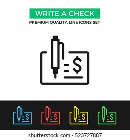 Vector write a check icon. Banking, payment concepts. Premium quality graphic design. Signs, outline symbols collection, simple thin line icons set for websites, web design, mobile app, infographics