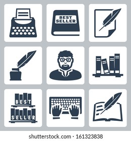 Vector writer icons set: typewriter, bestseller, feather, blank, inkpot, writer, books, typing, writing