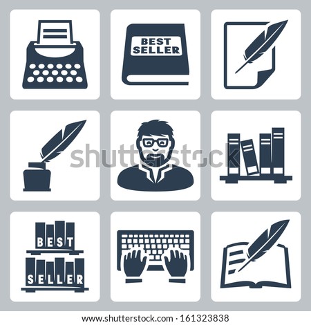 Vector writer icons set: typewriter, bestseller, feather, blank, inkpot, writer, books, typing, writing