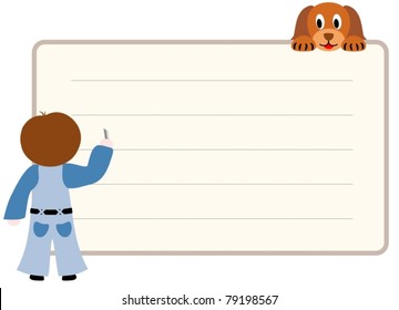 vector writing boy and cute puppy - illustration