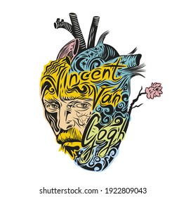 Vector writing by Vincent Van Gogh. Drawing in the shape of a heart with the image of a portrait.