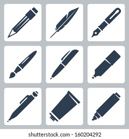 Vector writing and painting tools icons set: pencil, feather, fountain pen, brush, pen, marker, mechanical pencil, tube of paint