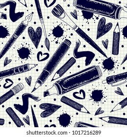 Vector writing and painting tools. Seamless pattern.  Can be used on packaging paper, fabric, background for different images, etc. Freehand drawing