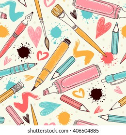 Vector writing and painting tools. Seamless pattern. Freehand drawing