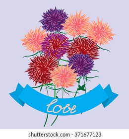 Vector written by hand -"love" text doodles with floral decor, bouquet of asters