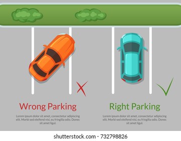 Vector wrong and right parking cars on the parking lot top view illustration