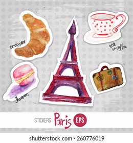Vector wtercolor set of stickers romantic morning in paris with eiffel tower, macaroon, cup of tea and croissant. Artistic vector design for banners, greeting cards,sales, posters.
