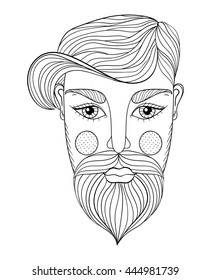 Vector xentangle Portrait of Man face with Mustache and beard for adult antistress coloring pages, Tattoo art, ethnic patterned t-shirt print. Monochrome illustration in doodle style.