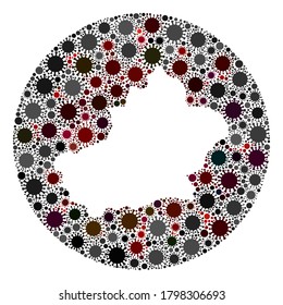 El Vector de la Región Uigur de Xinjiang mapea el mosaico del virus de la gripe. La infección ataca el territorio de cuarentena desde el exterior. Collage del mapa de la región Uyghur de la circunferencia del agujero diseñado con iconos de infección.