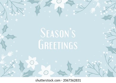 Cartel de Vector Xmas. Saludos de temporada de texto sobre fondo azul con marco decorativo. Ropa de pino, flores y bayas. Plantilla de banner de saludo para vacaciones de invierno.