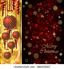 Vector Xmas card with ?hristmas balls, serpentine on golden and red background.
