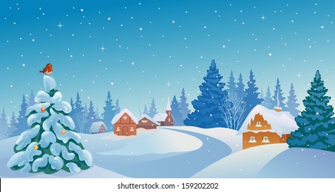 Vector xmas card with a beautiful snowy village