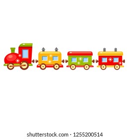 Vector xmas card with bright vector cartoon train on a white background. Toy colorfull christmas wagons. Cute winter illustration.