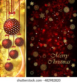 Tarjeta de navidad vectorial con bolas de navidad sobre fondo dorado y rojo.