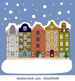 Vector Xmas card with a decorated snowy old town at Christmas eve