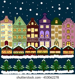 Vector xmas card with a decorated snowy old town at Christmas eve