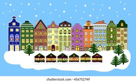 Vector xmas card with a decorated snowy old town at Christmas eve. Christmas background 16:9.