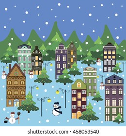 Vector xmas card with a decorated snowy old town at Christmas eve