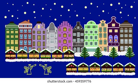 Vector xmas card with a decorated snowy old town at Christmas eve.background 16:9.