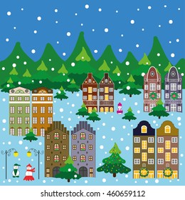 Vector xmas card with a decorated snowy old town at Christmas eve