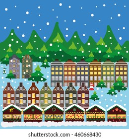 Vector xmas card with a decorated snowy old town at Christmas eve