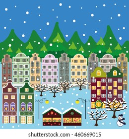 Vector xmas card with a decorated snowy old town at Christmas eve