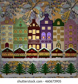 Vector xmas card with a decorated snowy old town at Christmas eve