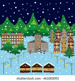 Vector xmas card with a decorated snowy old town at Christmas eve